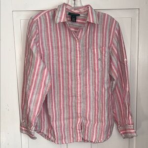 Lauren Ralph Lauren Women’s Linen Shirt Pink & White Striped Large Beach Travel